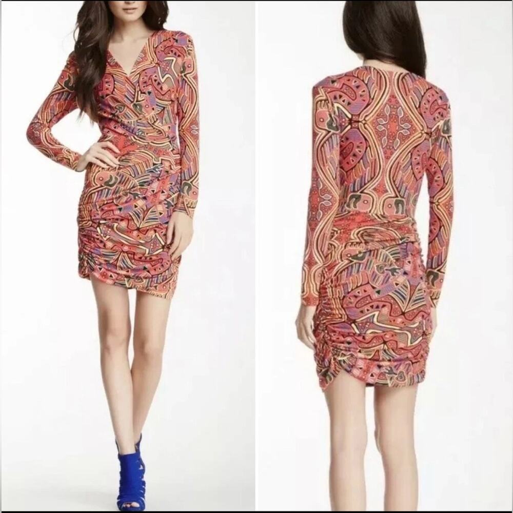 Mara Hoffman Abstract Ruched Dress Women Small Red Excellent Bodycon V-Neck